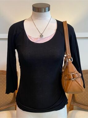 ZINC Vintage 90s Black Women’s Layered Scoop Neck Top with Pink Liner Cute Basic